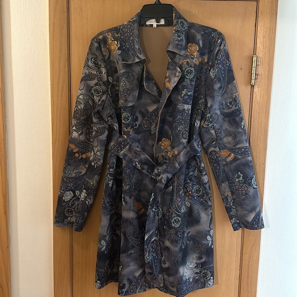 Solitaire Women’s Floral Paisley Faux Suede Whimsical Belted Jacket Blue Large